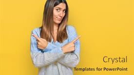  Presentation with clothing wooden clothes hanger object - Presentation theme consisting of young-woman-wearing-casual-clothes background and a yellow colored foreground
