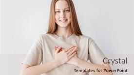  Presentation with gratitude - Presentation theme featuring young-woman-wearing-casual-shirt background and a soft green colored foreground