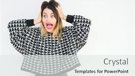  Presentation with woman hands open - Presentation theme having young woman wearing casual sweater over isolated background crazy and scared with hands on head afraid and surprised of shock with open mouth background and a sky blue colored foreground