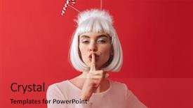  Presentation with golden christmas trumpet and red - Audience pleasing presentation design consisting of young woman wearing christmas carnival backdrop and a  colored foreground