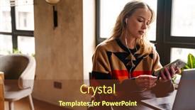  Presentation with mobile charging - PPT theme enhanced with young-woman-wearing-colorful-sweater background and a tawny brown colored foreground