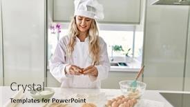  Presentation with cracking - Slide deck enhanced with young-woman-wearing-cook-uniform background and a soft green colored foreground