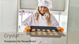  Presentation with cookies - PPT theme having young-woman-wearing-cook-uniform background and a coral colored foreground