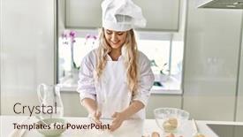  Presentation with flour - PPT theme having young-woman-wearing-cook-uniform background and a lemonade colored foreground