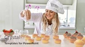  Presentation with cooking - Presentation theme enhanced with young-woman-wearing-cook-uniform background and a soft green colored foreground