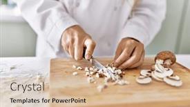  Presentation with mushrooms - Slide deck having young-woman-wearing-cook-uniform background and a coral colored foreground