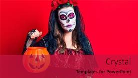  Presentation with day dead - PPT theme having young-woman-wearing-day background and a crimson colored foreground