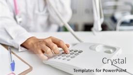  Presentation with telephone - PPT layouts featuring young-woman-wearing-doctor-uniform background and a light gray colored foreground