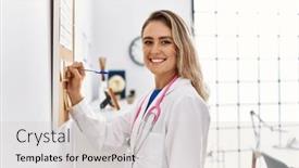  Presentation with corkboard - Presentation theme featuring young-woman-wearing-doctor-uniform background and a light gray colored foreground