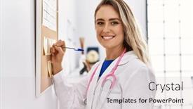  Presentation with corkboard - PPT theme consisting of young-woman-wearing-doctor-uniform background and a light gray colored foreground