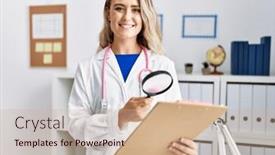  Presentation with report - Presentation theme featuring young-woman-wearing-doctor-uniform background and a soft green colored foreground