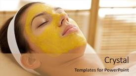  Presentation with facial - Slide deck having young woman wearing facial mask background and a yellow colored foreground