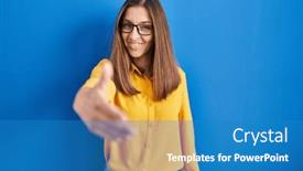  Presentation with blue handshake - Slide deck with young-woman-wearing-glasses-standing background and a teal colored foreground