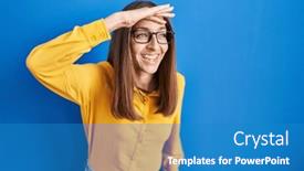  Presentation with far away - Presentation theme consisting of young-woman-wearing-glasses-standing background and a teal colored foreground