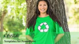  Presentation with green trees in park - Colorful presentation theme enhanced with young woman wearing green recycling backdrop and a  colored foreground