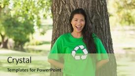  Presentation with green trees in park - Cool new presentation with young woman wearing green recycling backdrop and a mint green colored foreground