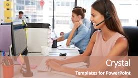  Presentation with computer - Cool new slide deck with young woman wearing headset using backdrop and a coral colored foreground