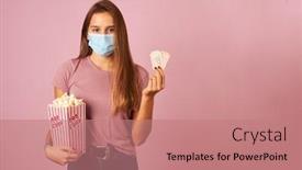  Presentation with popcorn - Slide set featuring young-woman-wearing-mask-holding background and a coral colored foreground