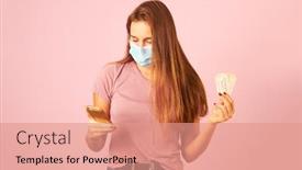  Presentation with mask - PPT layouts enhanced with young-woman-wearing-mask-holding background and a coral colored foreground