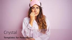  Presentation with pajama - Amazing slide set having young woman wearing pajama and sleep mask standing over pink isolated background looking stressed and nervous with hands on mouth biting nails anxiety problem backdrop and a coral colored foreground