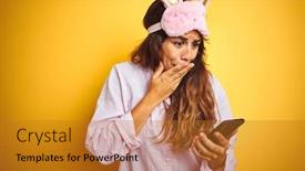  Presentation with pajama - Amazing slide set having young woman wearing pajama and mask using smartphone over yellow isolated background cover mouth with hand shocked with shame for mistake expression of fear scared in silence secret concept backdrop and a gold colored foreground