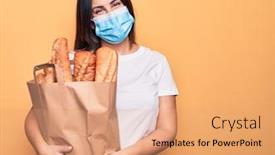  Presentation with paper bag - Cool new PPT theme with young-woman-wearing-protection-mask backdrop and a coral colored foreground