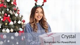  Presentation with antlers - Slide deck consisting of young woman wearing red antler background and a light blue colored foreground