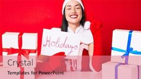  Presentation with happy holidays - Audience pleasing slide set consisting of young-woman-wearing-santa-claus backdrop and a coral colored foreground