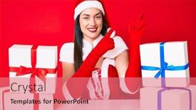  Presentation with gifts - Slide deck consisting of young-woman-wearing-santa-claus background and a coral colored foreground