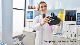  Presentation with virtual laboratory - PPT theme enhanced with young-woman-wearing-scientist-uniform background and a light gray colored foreground