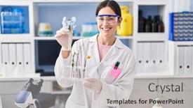  Presentation with test tubes - Presentation featuring young-woman-wearing-scientist-uniform background and a light gray colored foreground