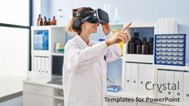  Presentation with virtual laboratory - PPT theme enhanced with young-woman-wearing-scientist-uniform background and a light gray colored foreground