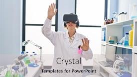  Presentation with virtual laboratory - Presentation theme enhanced with young-woman-wearing-scientist-uniform background and a light gray colored foreground