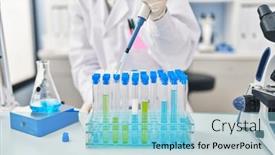  Presentation with pipette - PPT theme enhanced with young-woman-wearing-scientist-uniform background and a light blue colored foreground