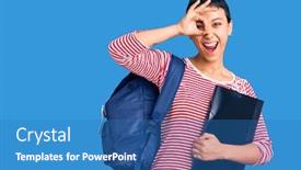  Presentation with backpack - Presentation theme with young-woman-wearing-student-backpack background and a teal colored foreground