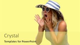  Presentation with panic - Audience pleasing presentation design consisting of young woman wearing sunglasses and summer hat stressful keeping hands on head terrified in panic shouting backdrop and a blonde colored foreground