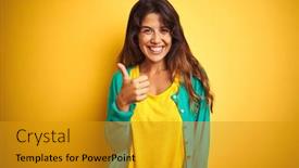  Presentation with green - Theme having young-woman-wearing-t-shirt background and a gold colored foreground