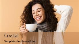  Presentation with winter - PPT layouts featuring ladies tea - cheerful young woman wearing winter background and a coral colored foreground