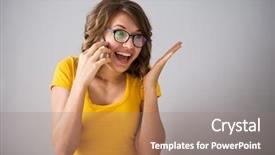  Presentation with talk - Audience pleasing PPT layouts consisting of young woman wearing yellow shirt glasses and jeans shorts talk to phone and make faces over grey background backdrop and a gray colored foreground