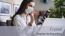  Presentation with home office - Beautiful PPT theme featuring young-woman-wering-mask-home backdrop and a light gray colored foreground