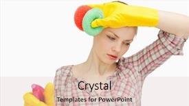  Presentation with sponges - Amazing slide deck having young woman wiping her forehead while holding sponges against white background backdrop and a soft green colored foreground