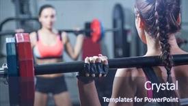  Presentation with barbell - Slides enhanced with young woman with a barbell in front of the mirror in the gym background and a tawny brown colored foreground