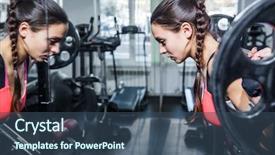  Presentation with barbell - Presentation theme consisting of young woman with a barbell in front of the mirror in the gym background and a ocean colored foreground
