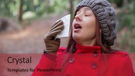  Presentation with sneezing - Amazing presentation theme having young woman with a cold or flu sneezing on a white paper handkerchief on a forest wearing a red overcoat a beanie and gloves during winter backdrop and a red colored foreground