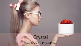  Presentation with gift - Colorful PPT layouts enhanced with young woman with a gift backdrop and a coral colored foreground