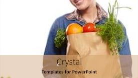  Presentation with grocery bag - Theme consisting of young woman with a grocery shopping bag isolated on white background background and a coral colored foreground