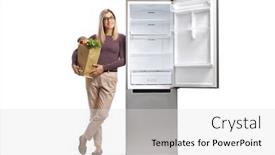  Presentation with grocery bag - Presentation design with young-woman-with-a-grocery background and a light gray colored foreground