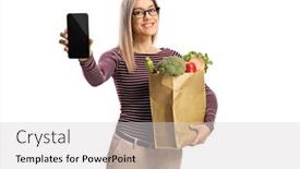  Presentation with grocery bag - Audience pleasing PPT layouts consisting of young-woman-with-a-grocery backdrop and a light gray colored foreground