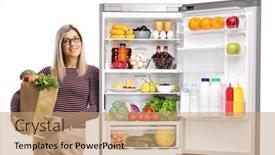  Presentation with grocery bag - Slide set consisting of young-woman-with-a-grocery background and a coral colored foreground