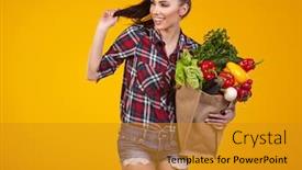  Presentation with grocery bag - Cool new PPT theme with young woman with a grocery shopping bag isolated on yellow background backdrop and a gold colored foreground
